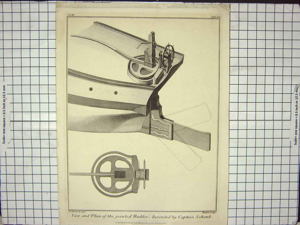 Original Old Antique Print Captian Shank View Plan The Jointed Rudder