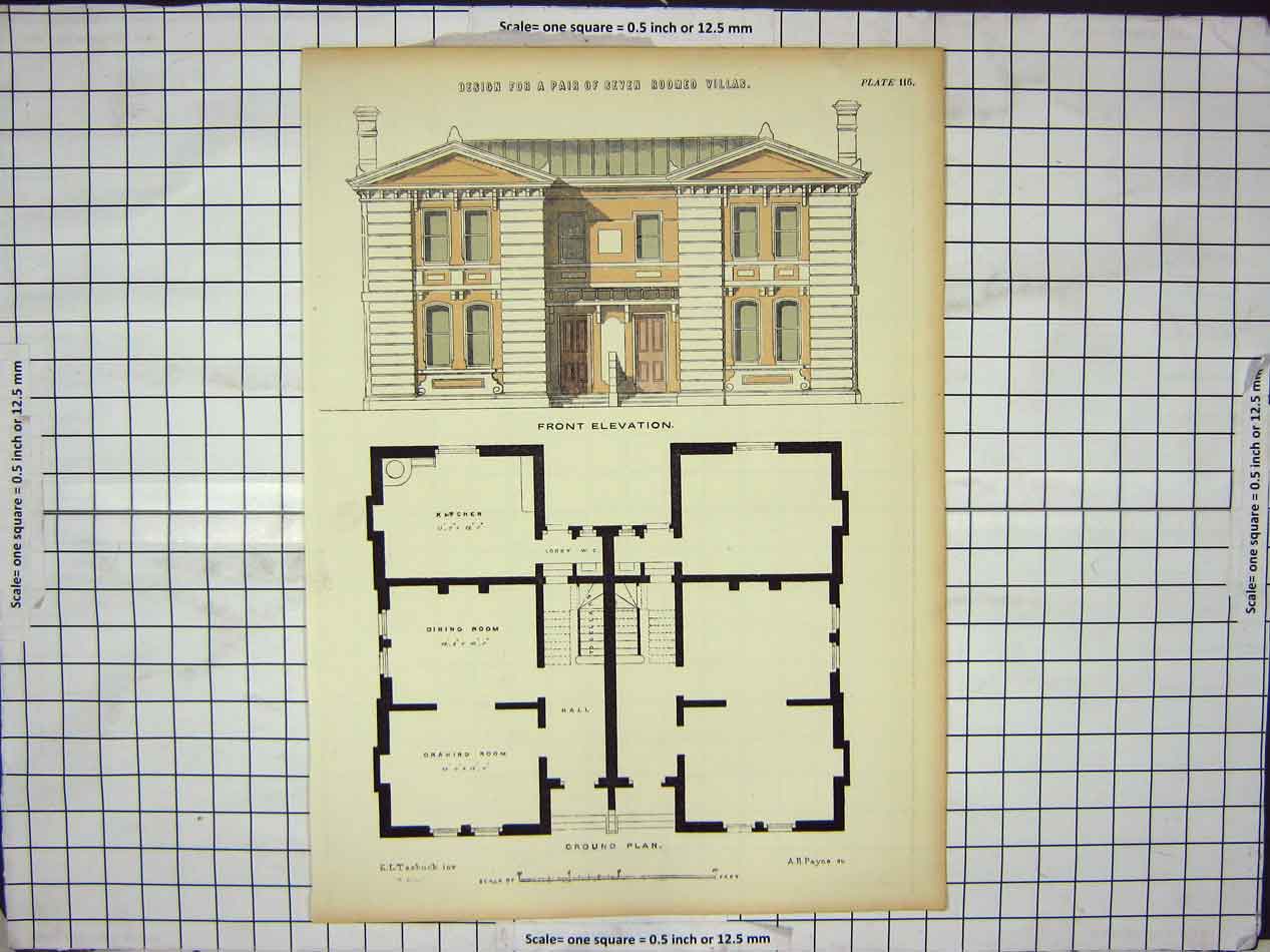 Original Old Antique Print Plans Design Pair Seven Roomed Villas