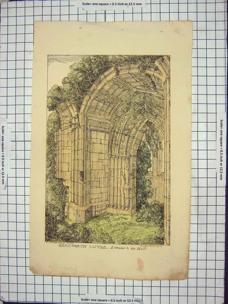 Original Old Antique Print Kenilworth Castle Entrance To Hall