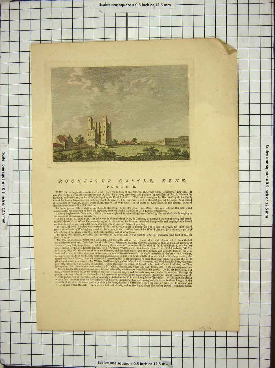 Original Old Antique Print Rochester Castle Kent England