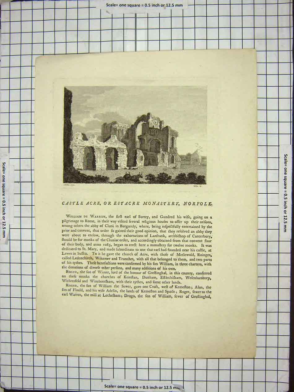 Original Old Antique Print Estacre Monastery Norfolk England