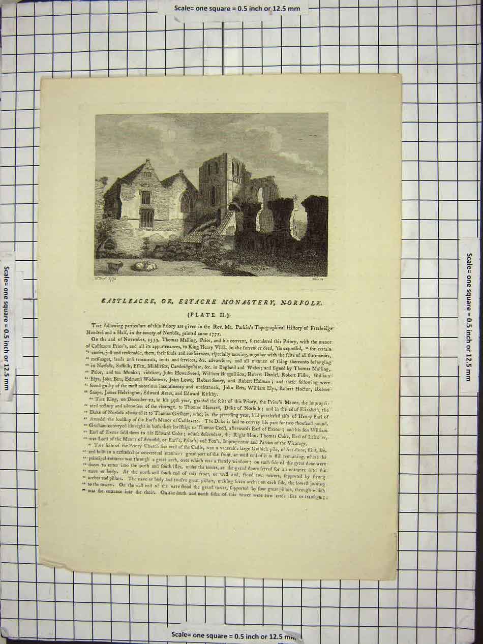 Original Old Antique Print Estacre Monastery Norfolk England Plate