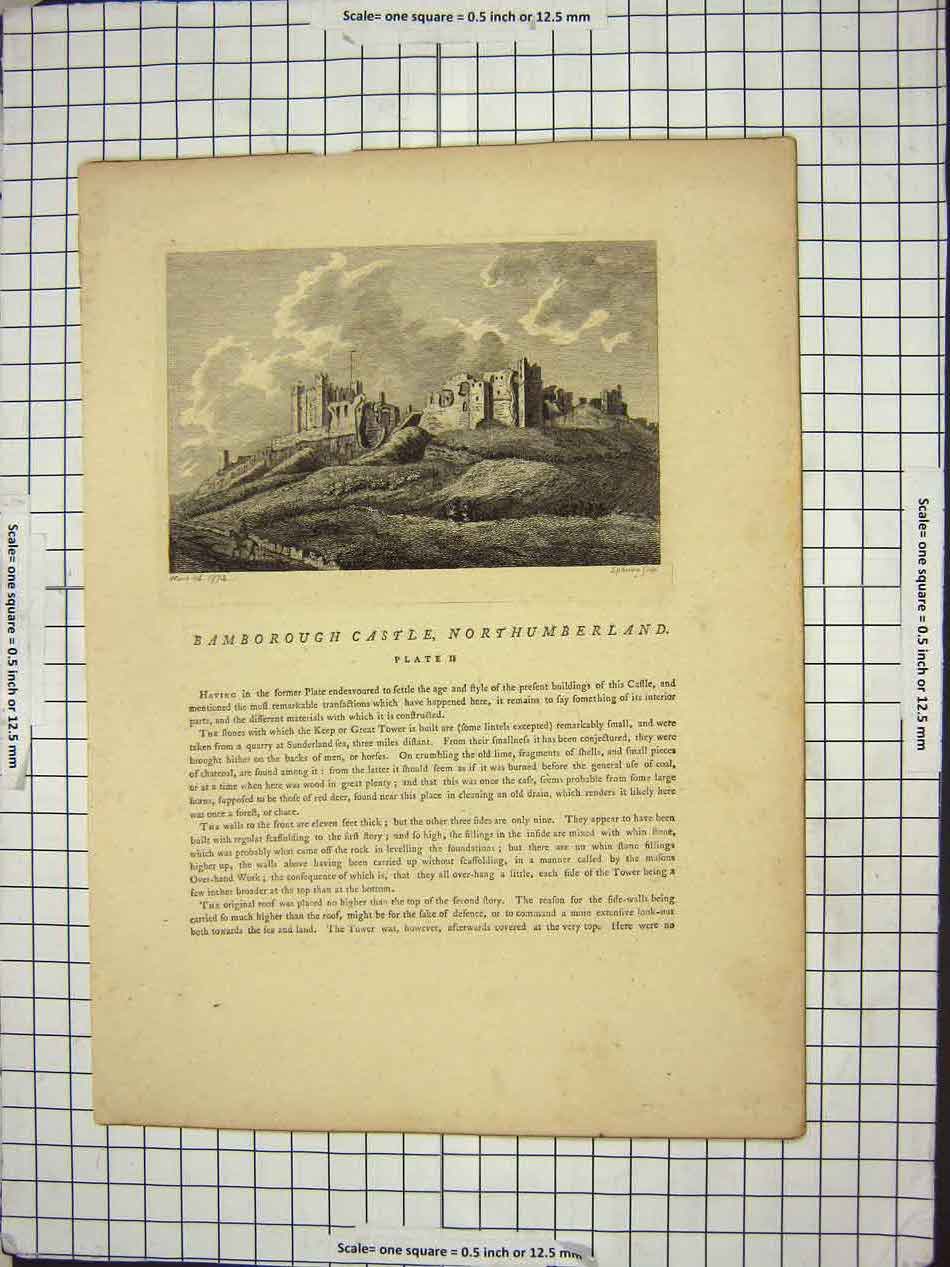 Original Old Antique Print Bamborough Castle Northumberland Plate