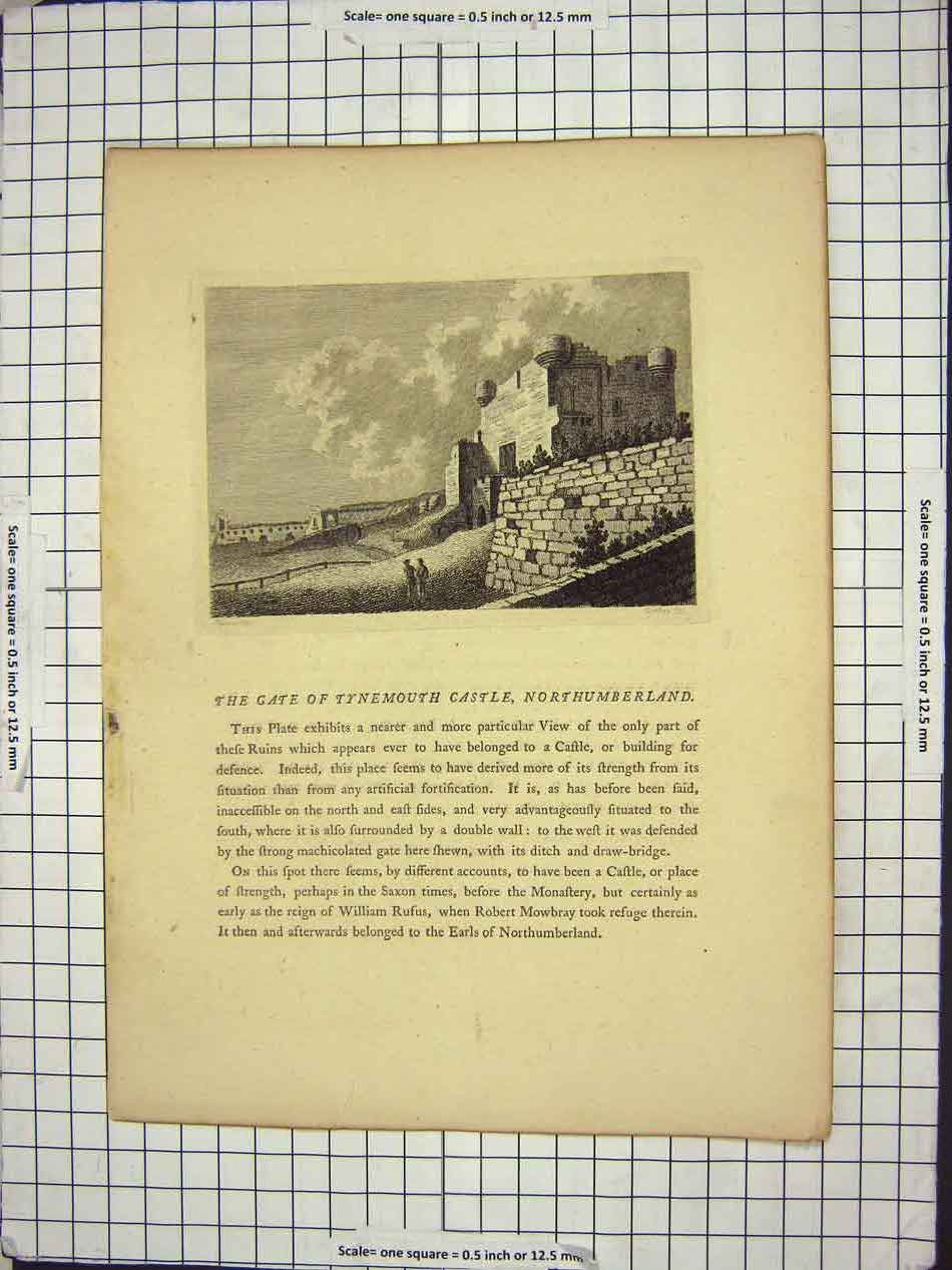 Original Old Antique Print Gate Tynemouth Castle Northumberland