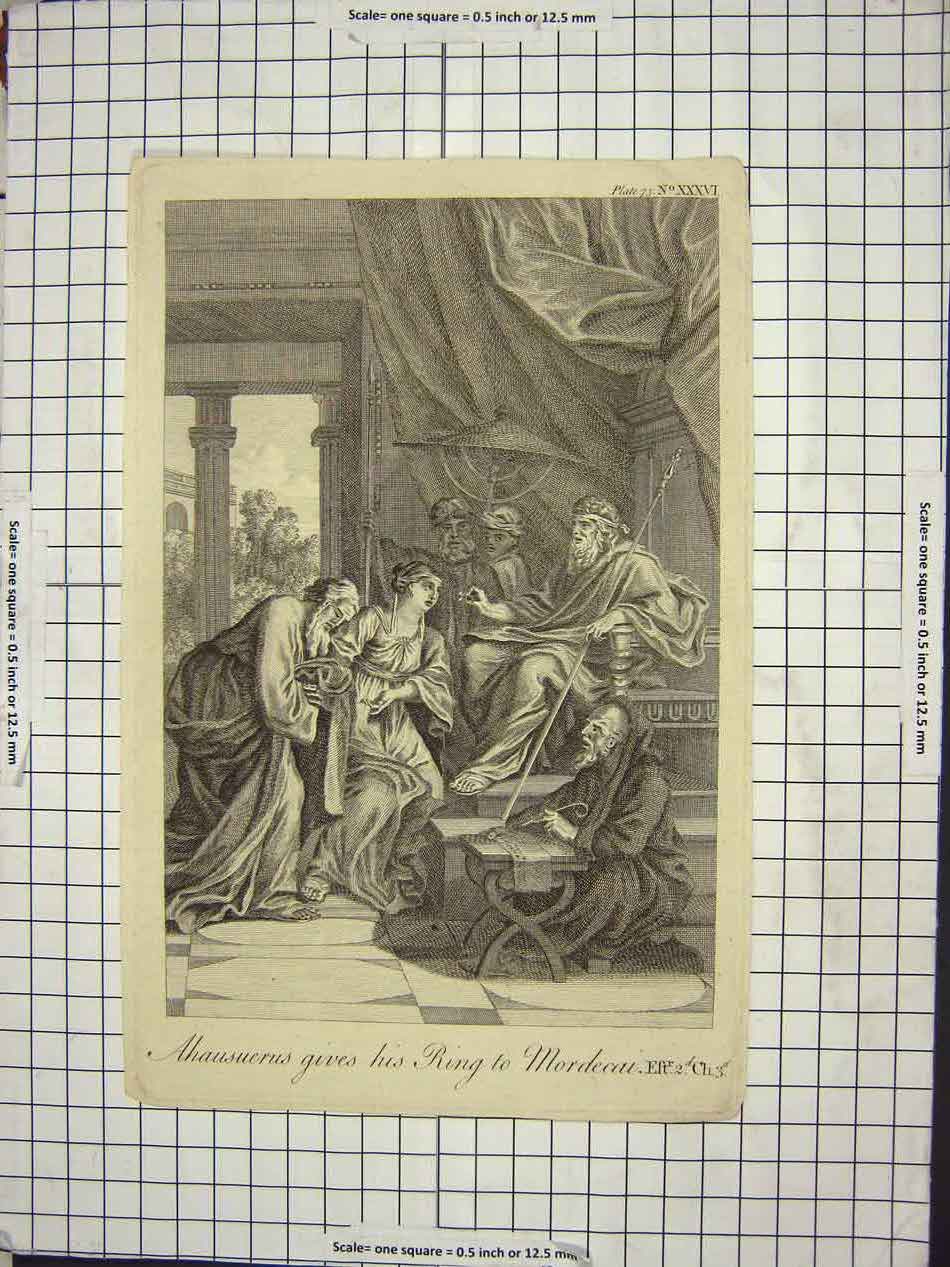 Original Old Antique Print Ahausuerus Gives His Ring To Mordecai