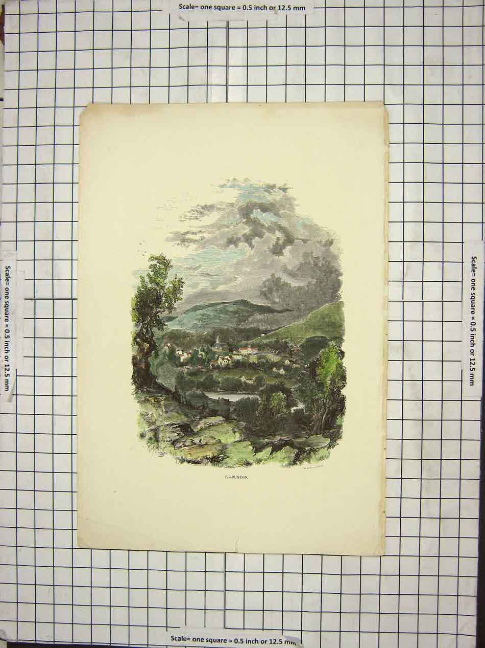 Original Old Antique Print Buxton Countryside Rain Cloud Small Town