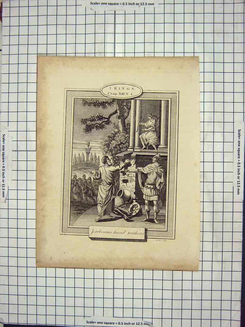 Original Old Antique Print I. Kings Chap Xiii. V.Joroboans Hand Withers