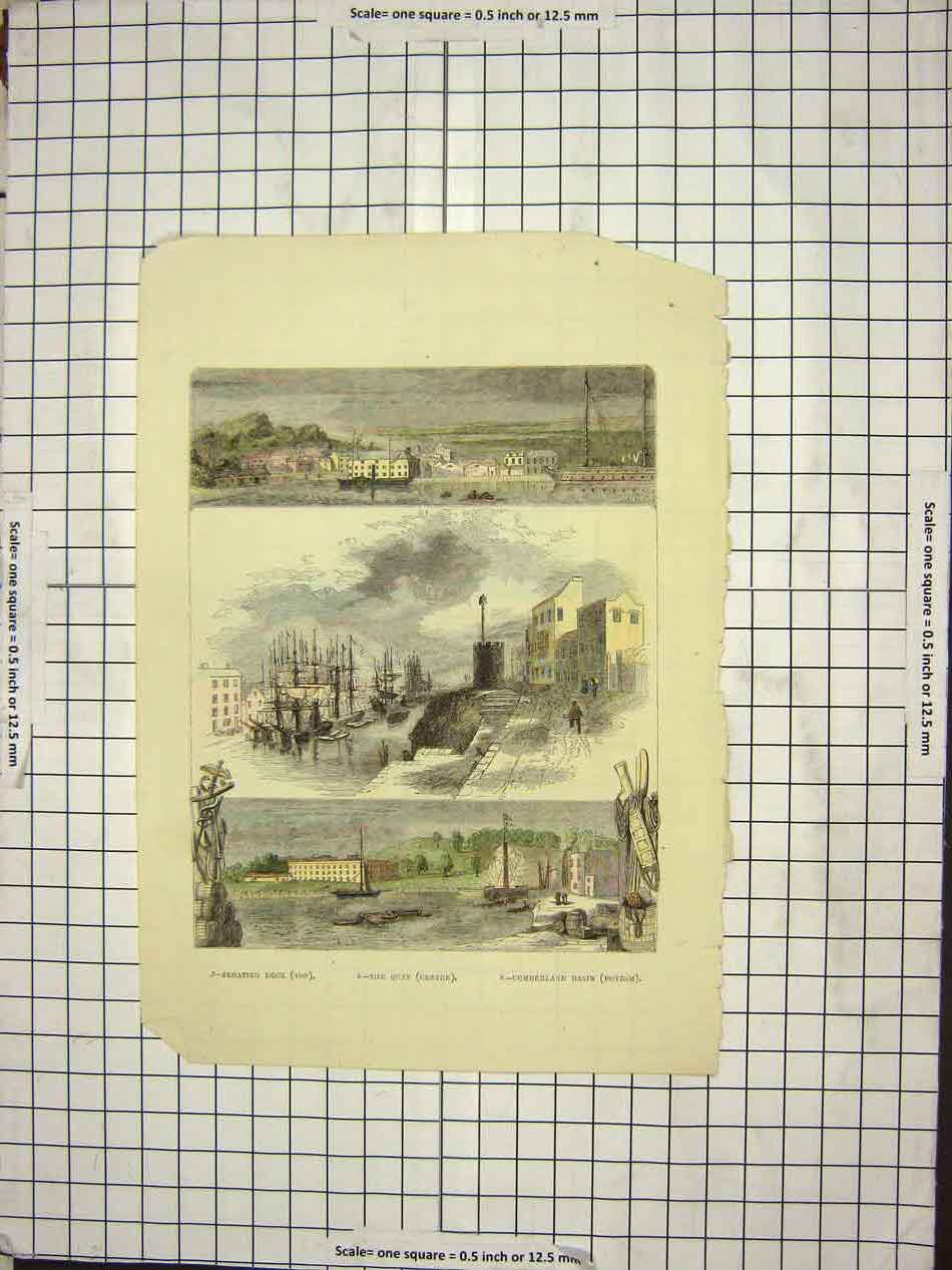 Original Old Antique Print Floating Dock The Quay Cumberland Basin