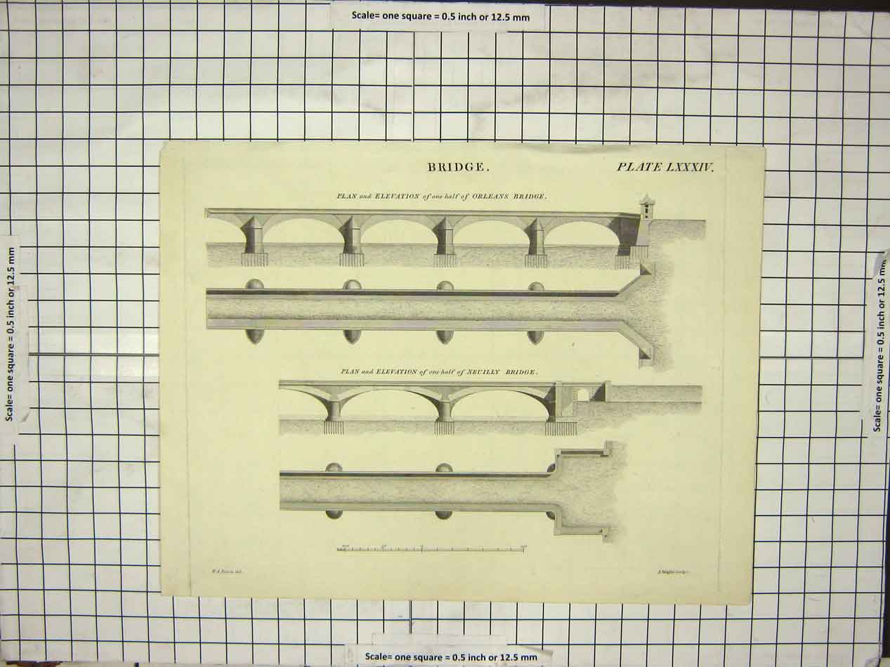 Original Old Antique Print Bridge Plate Lxxxiv Plans Design 19th