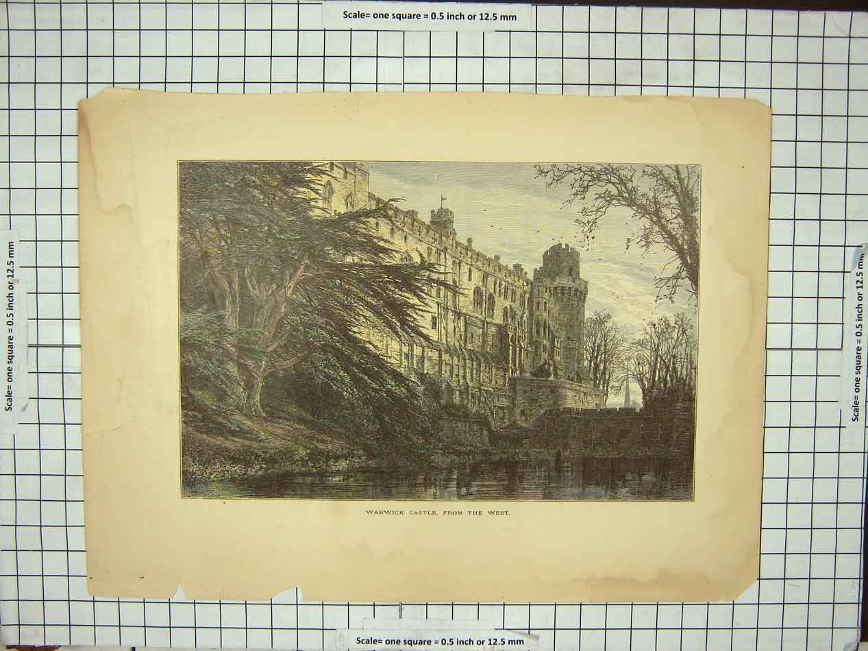 Original Old Antique Print Warwick Castle From The West Trees 19th