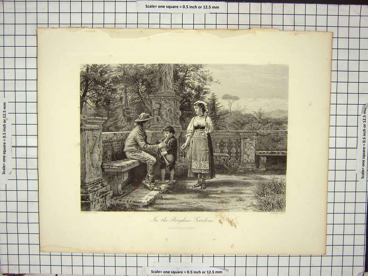 Original Old Antique Print In The Borghese Gardens Villa Bagpipes Victorian