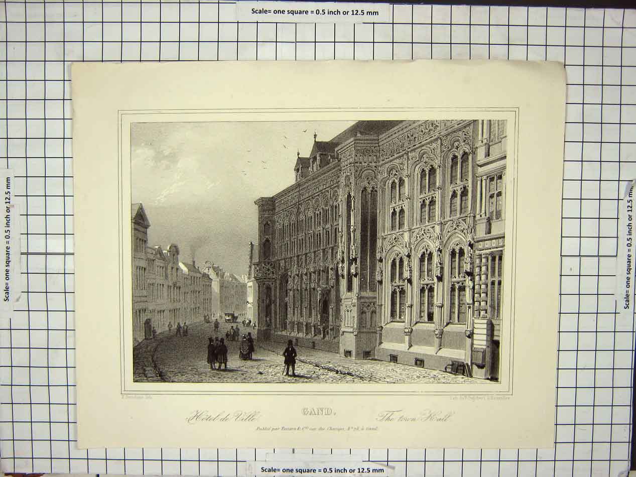 Original Old Antique Print Gand The Town Hall Hotel De Ville