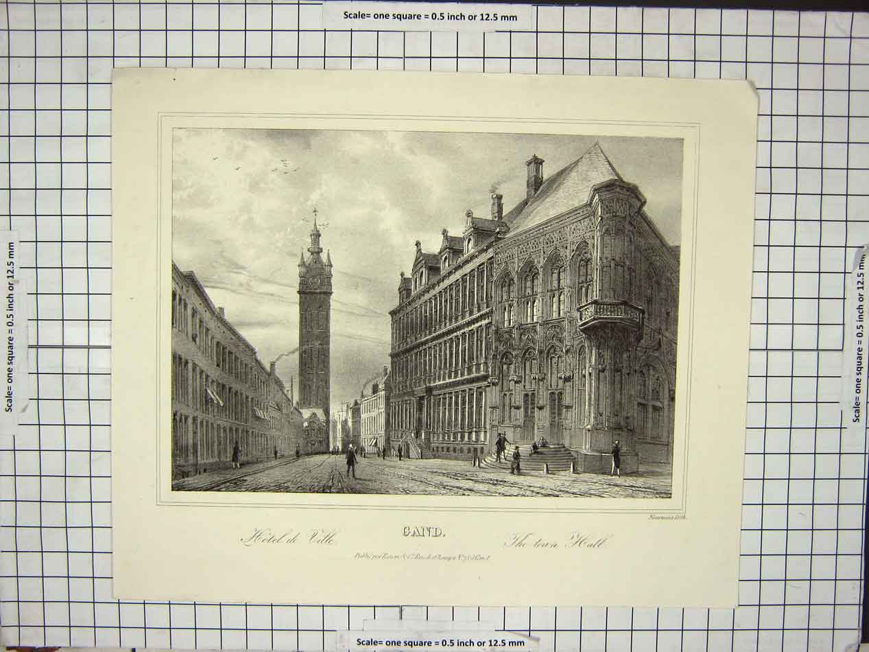 Original Old Antique Print Gand The Town Hall Clock Tower Towns People
