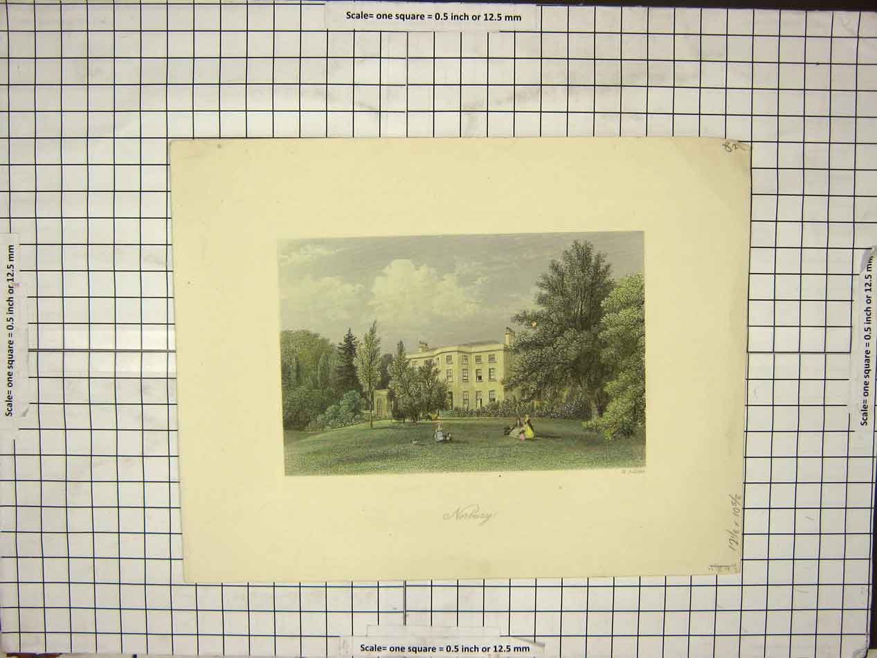 Original Old Antique Print Norbuay Trees House Family Colour