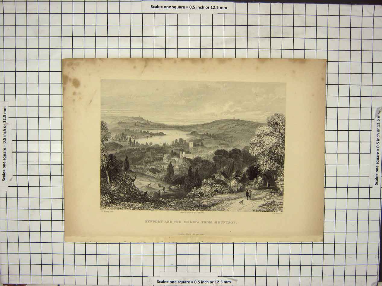 Original Old Antique Print Newport And The Medina From Mountjoy