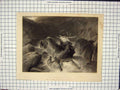 Original Old Antique Print Death The Stag Water Stream Dog Rocks