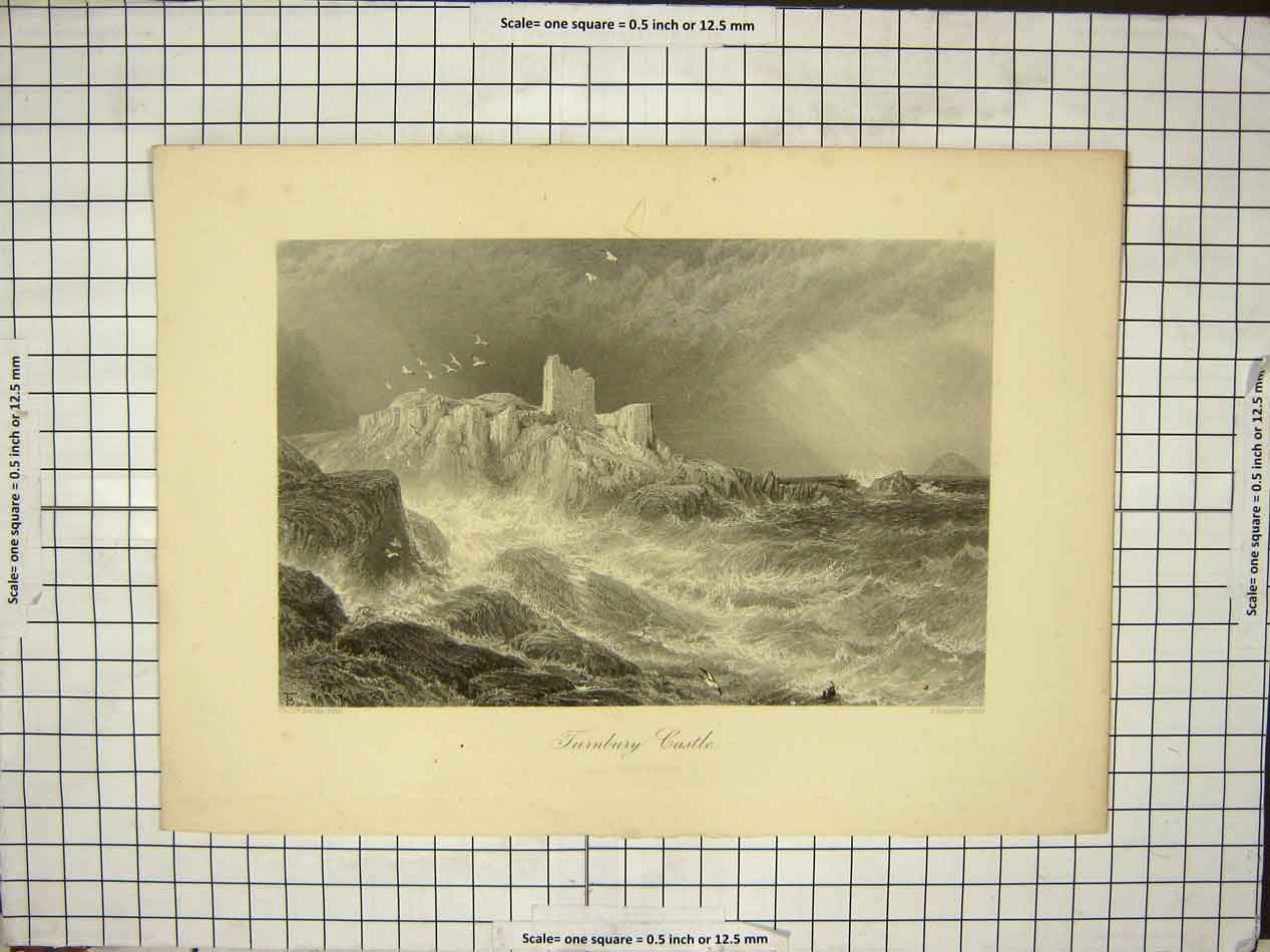 Original Old Antique Print Tumbury Castle Fierce Waves Cliffside