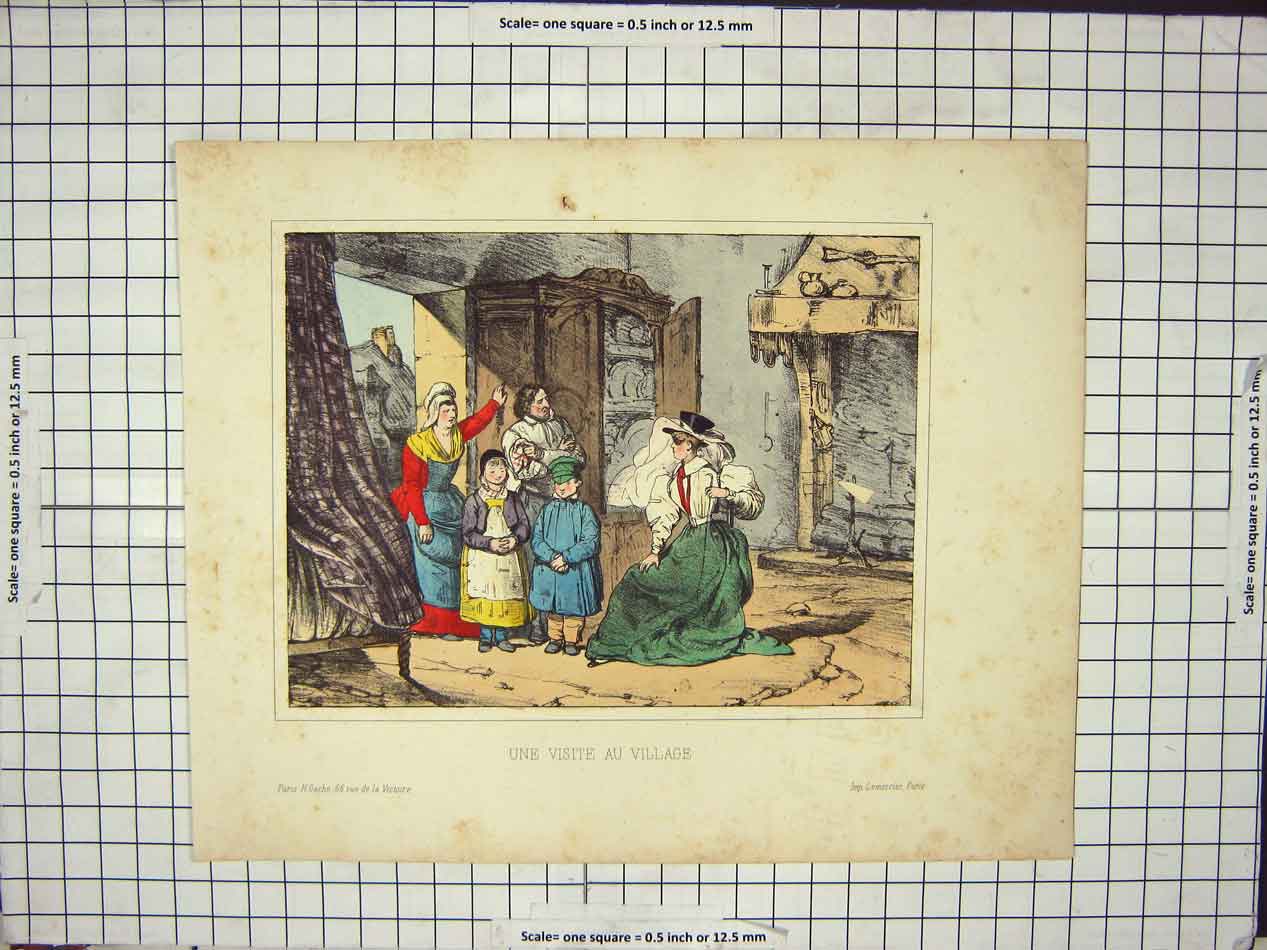 Original Old Antique Print Une Visite Au Village House Colour