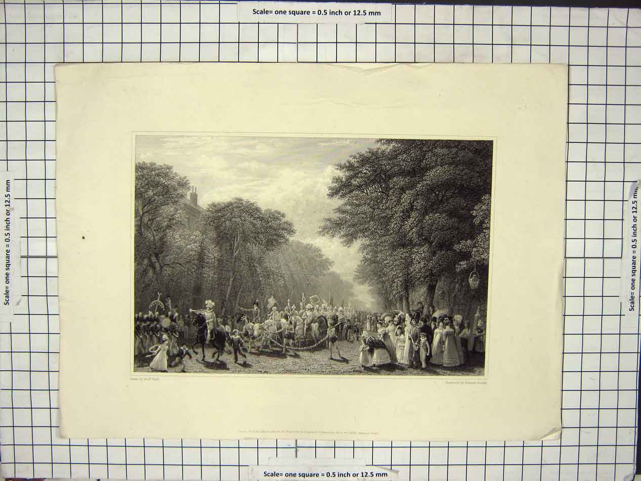 Original Old Antique Print Parade Crowds Trees Siers Children