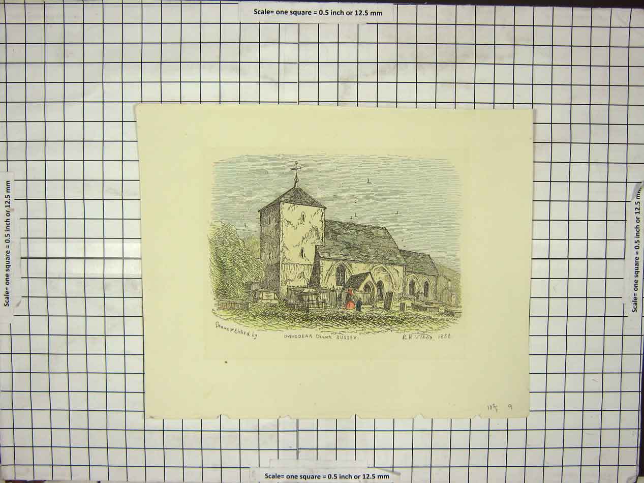 Original Old Antique Print Ovingdean Church Sussex Graveyard