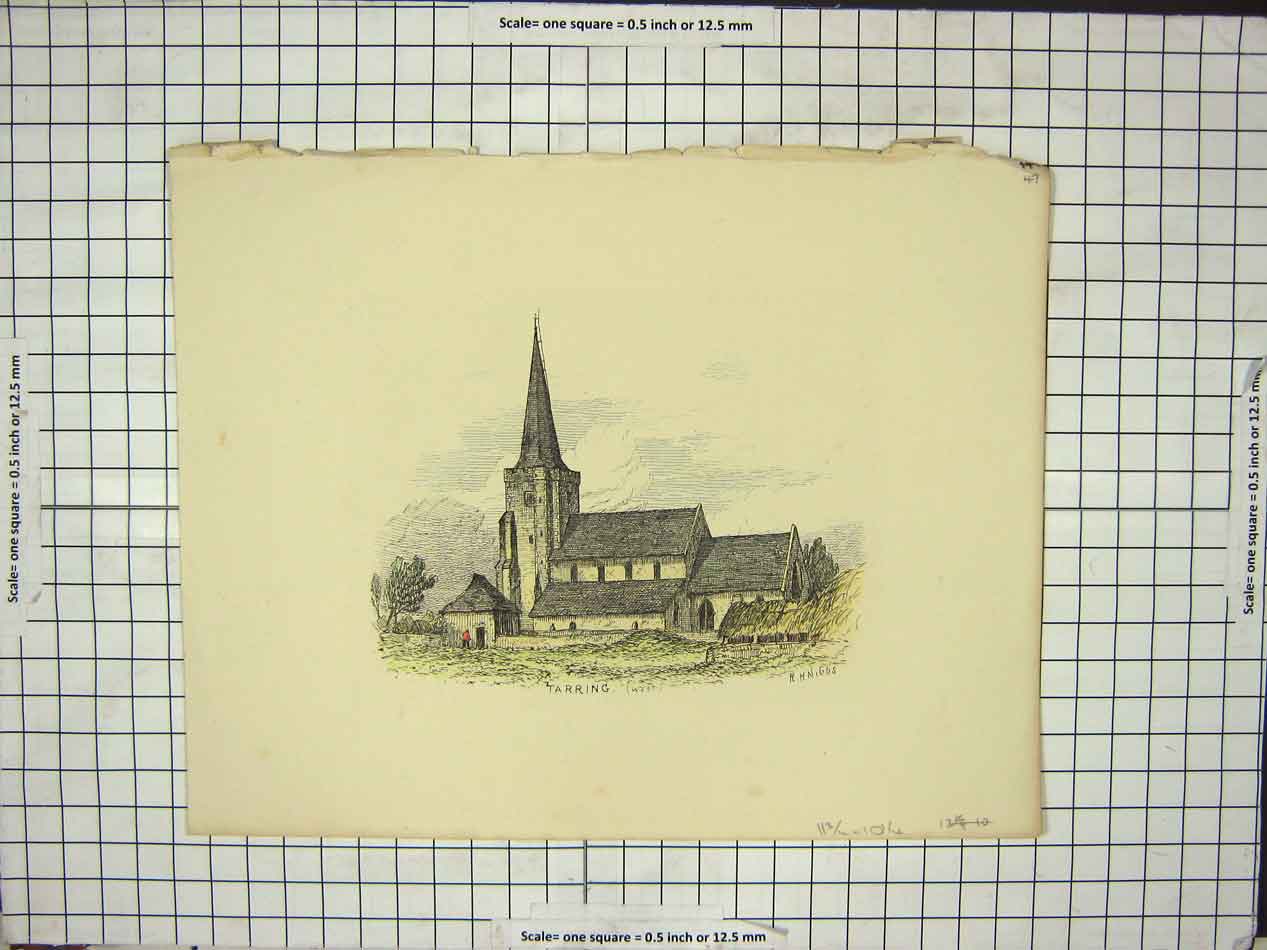 Original Old Antique Print Taring Church Gravekeeper Haystack