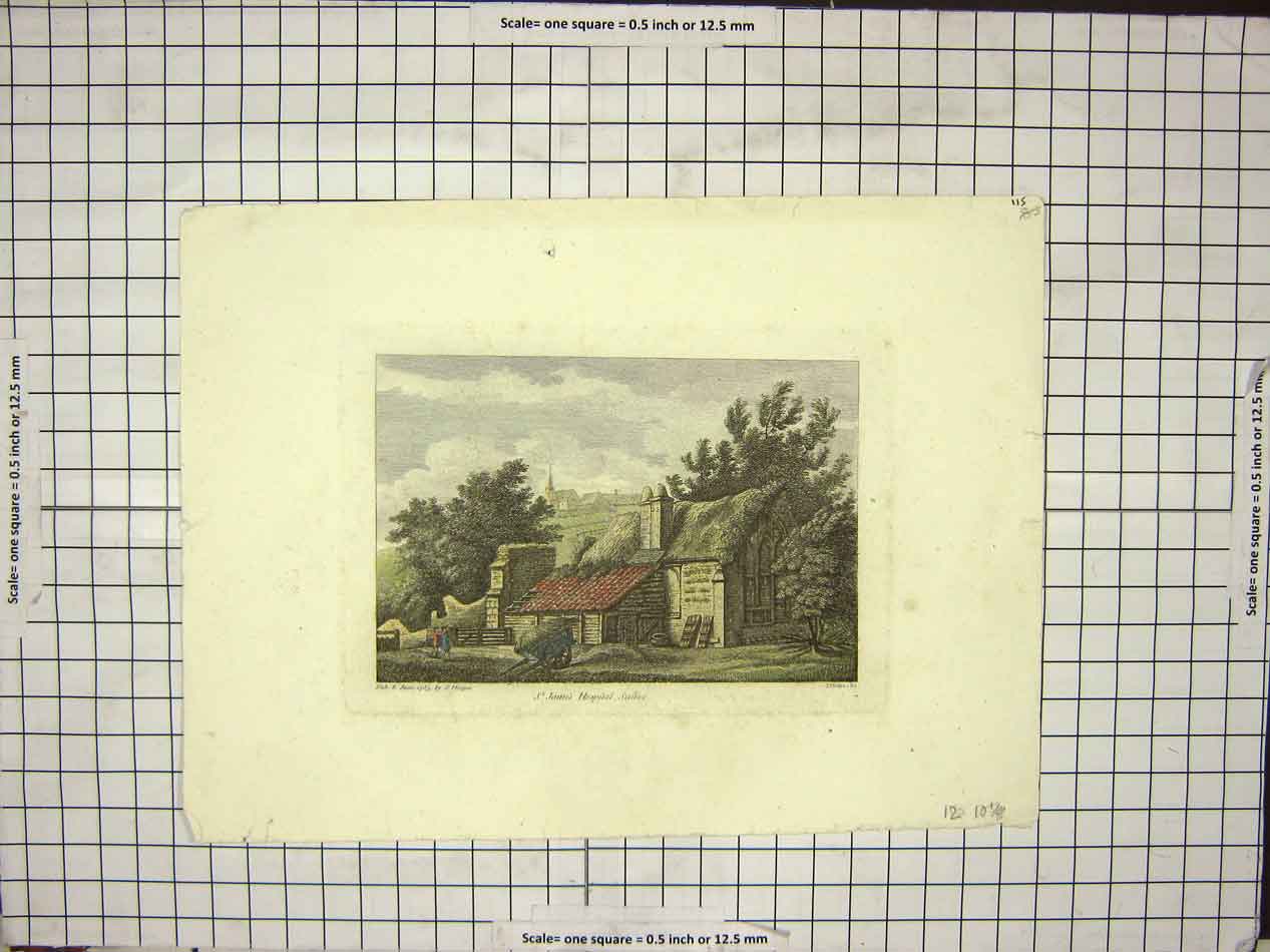 Original Old Antique Print St James Hospital Haystack Trees Cart