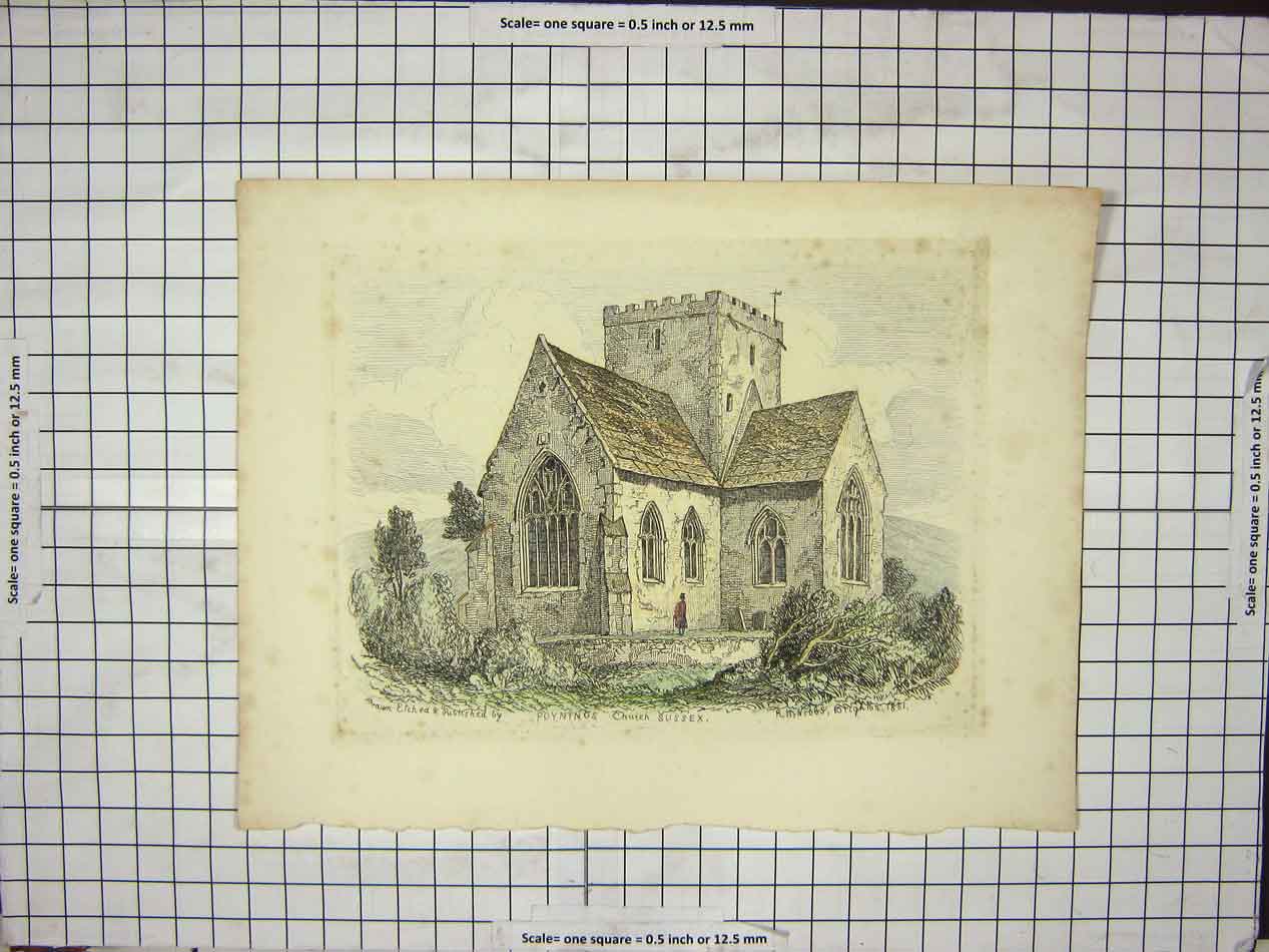 Original Old Antique Print Poynings Church Sussex Man Trees Windows