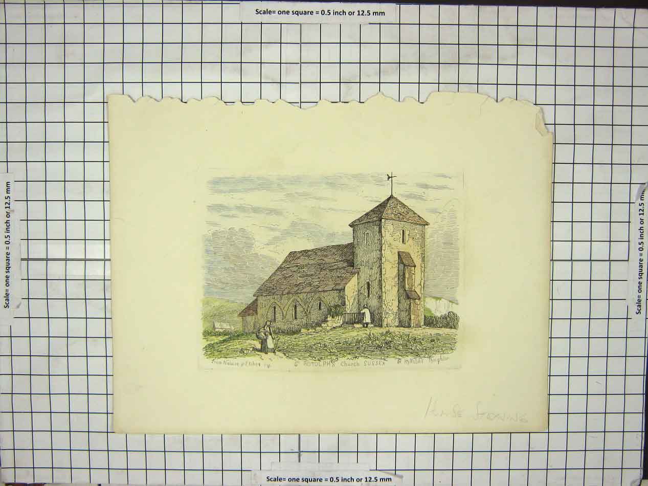 Original Old Antique Print St Rotolph'S Church Sussex Lady Man