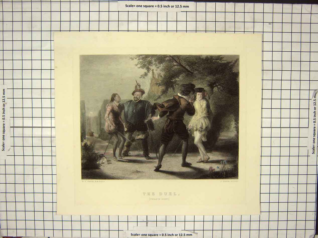 Original Old Antique Print The Duel Swords Dark Night Trees