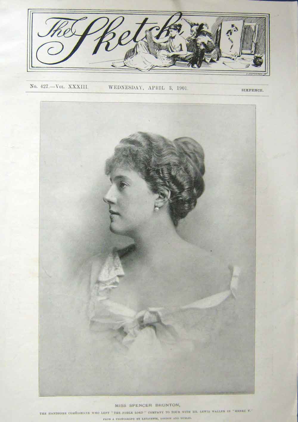 Original Old Antique Print The Sketch 1901 Miss Spencer Brunton 20th