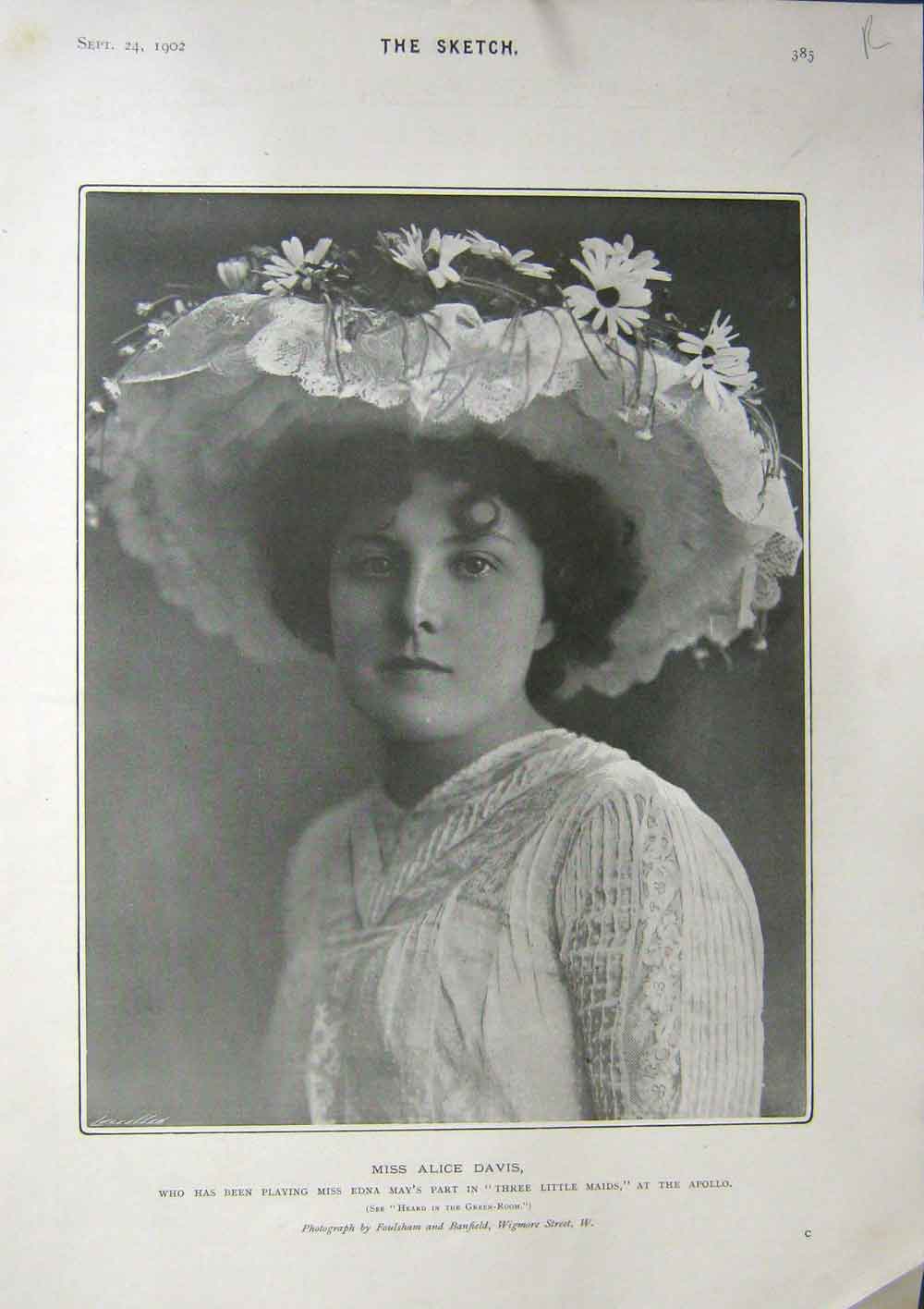 Original Old Antique Print The Sketch 1902 Miss Alice Davis 20th Century