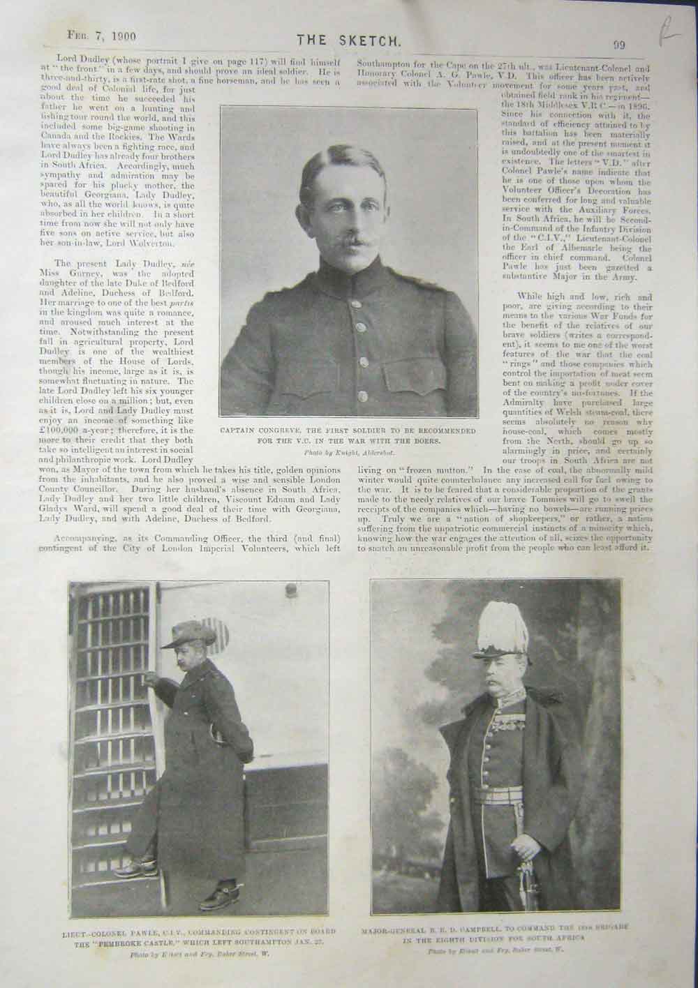 Original Old Antique Print The Sketch 1900 Cingreve Campbell PawleVictorian