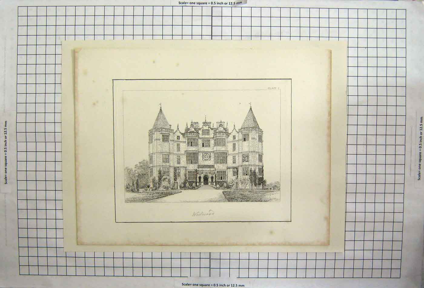 Original Old Antique Print Westwood PlateStone Castle Coat Arms Entrance
