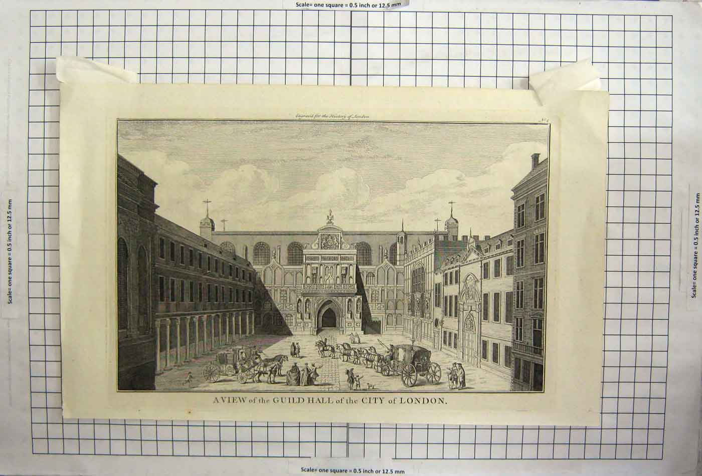 Original Old Antique Print View Guild Hall City London Horse Carts