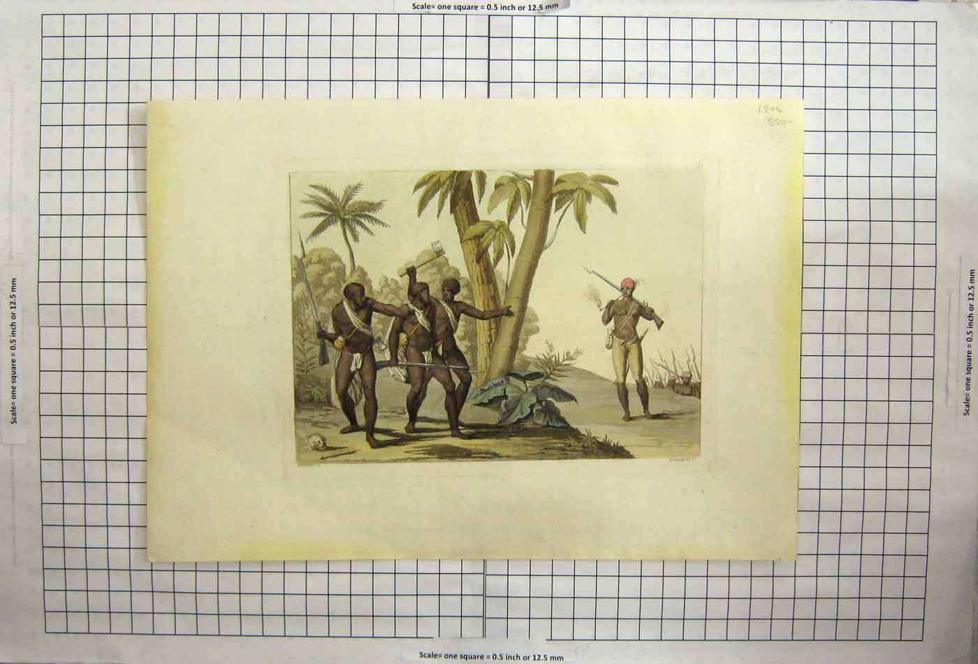 Original Old Antique Print Africa Weapons Spears Axe Guns Pink Bandanas