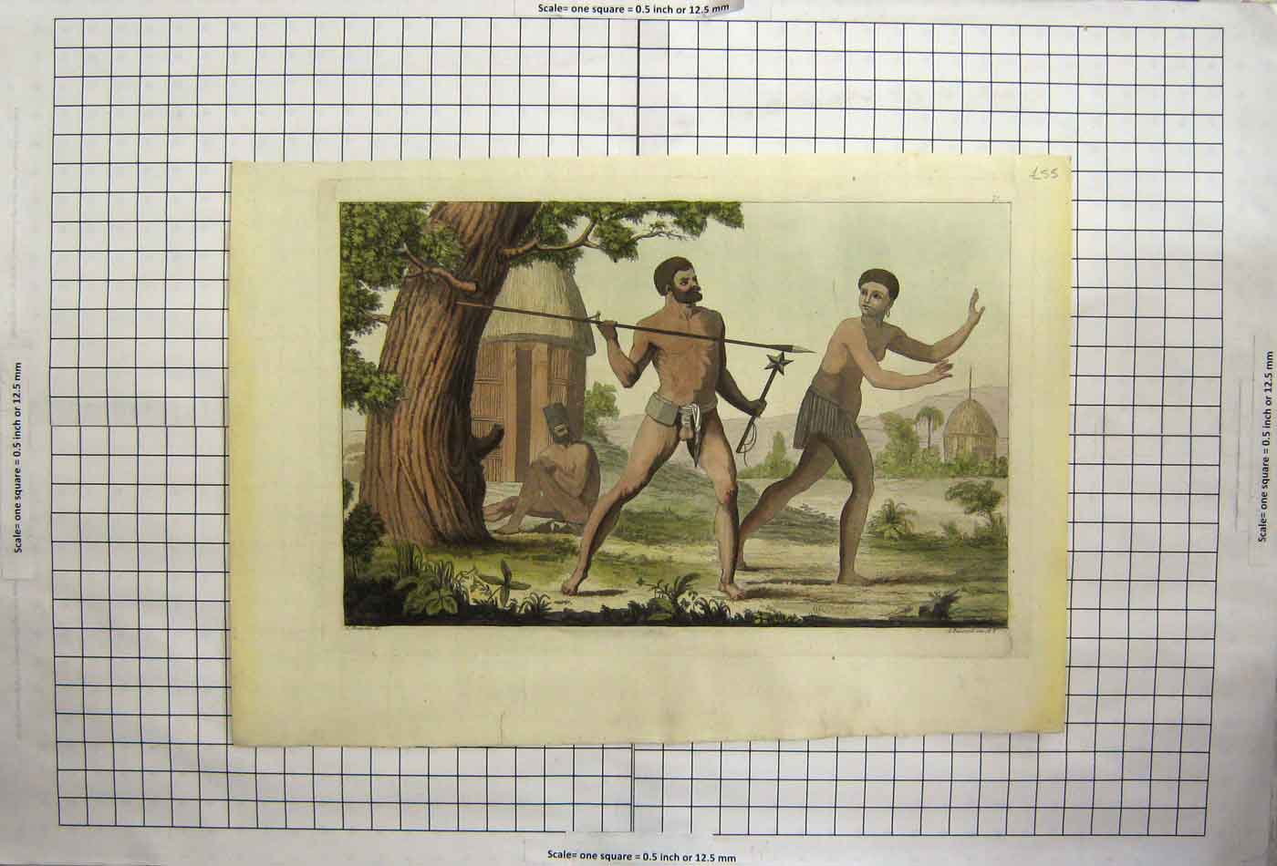 Original Old Antique Print Africa Weapons Huts Man Woman Anique