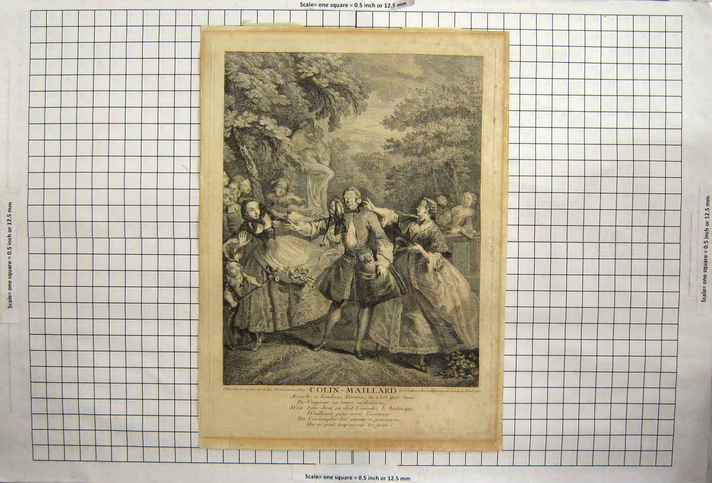 Original Old Antique Print Colin Maillard BlindfDemon