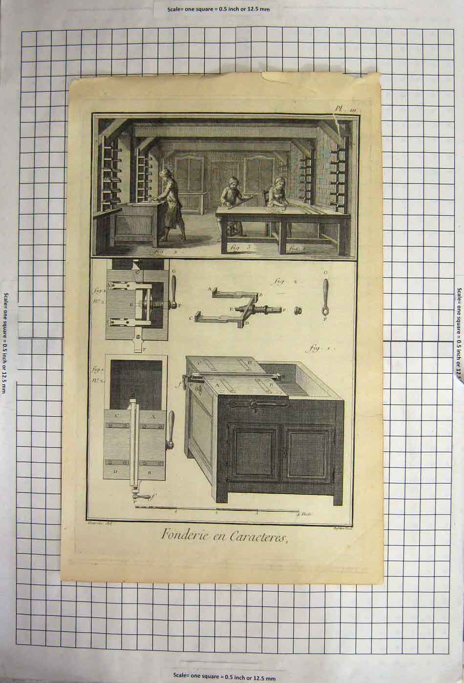 Original Old Antique Print Fonderie En Caracteres Vice Box Measurement