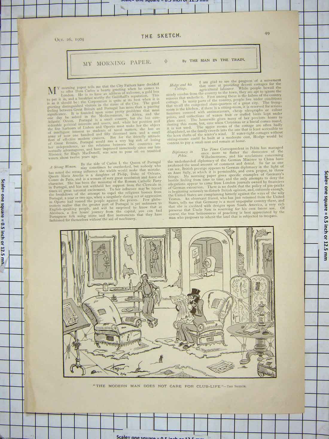 Original Old Antique Print Man Reading Morning Paper Stead Playgoer Theatre
