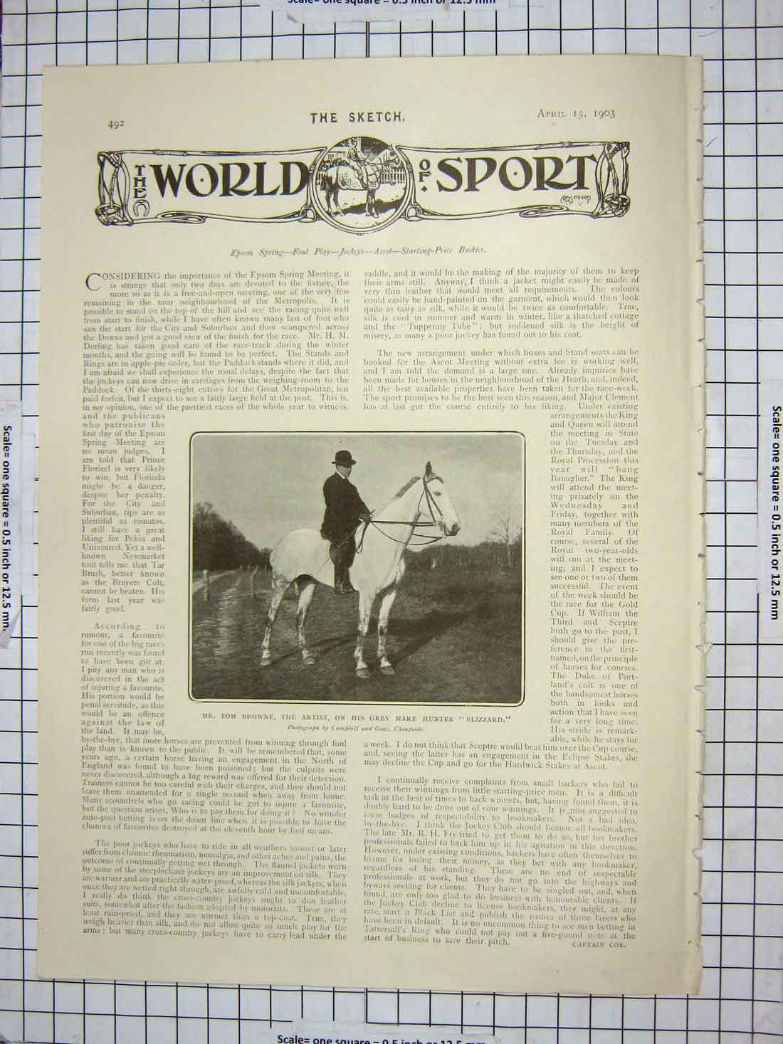 Old Antique Print Tom Browne Artist Horse Blizzard Edge Car Bennett Race