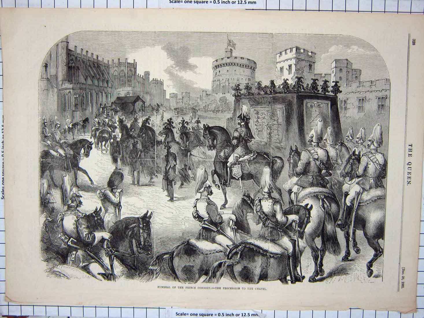 Original Old Antique Print 1861 Funeral Prince Consort Procession Chapel Horses
