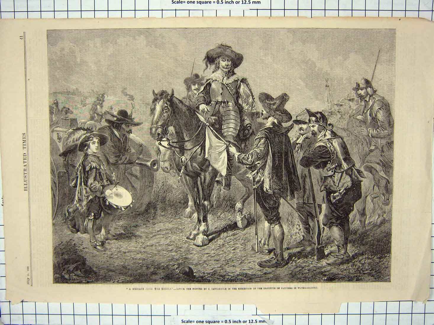 Original Old Antique Print 1866 Scene Messenger Siers War Rebels Horses 19th