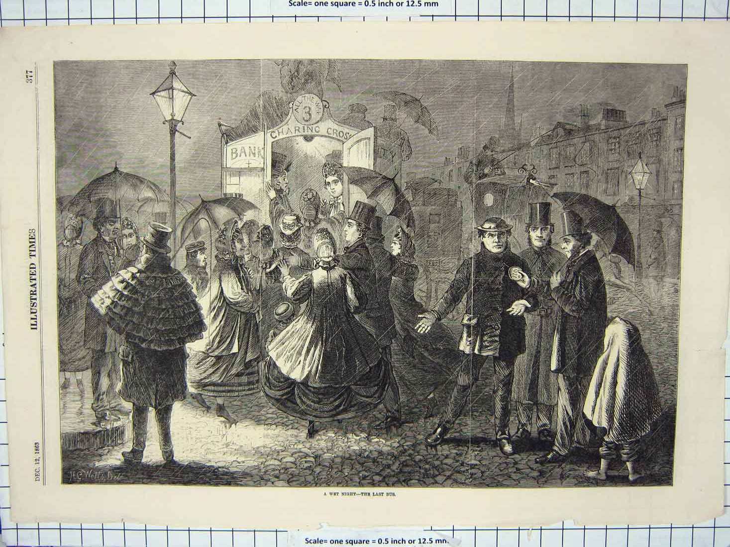 Old Antique Print 1863 Street Scene Wet Night Rain Bus Transport People 19th