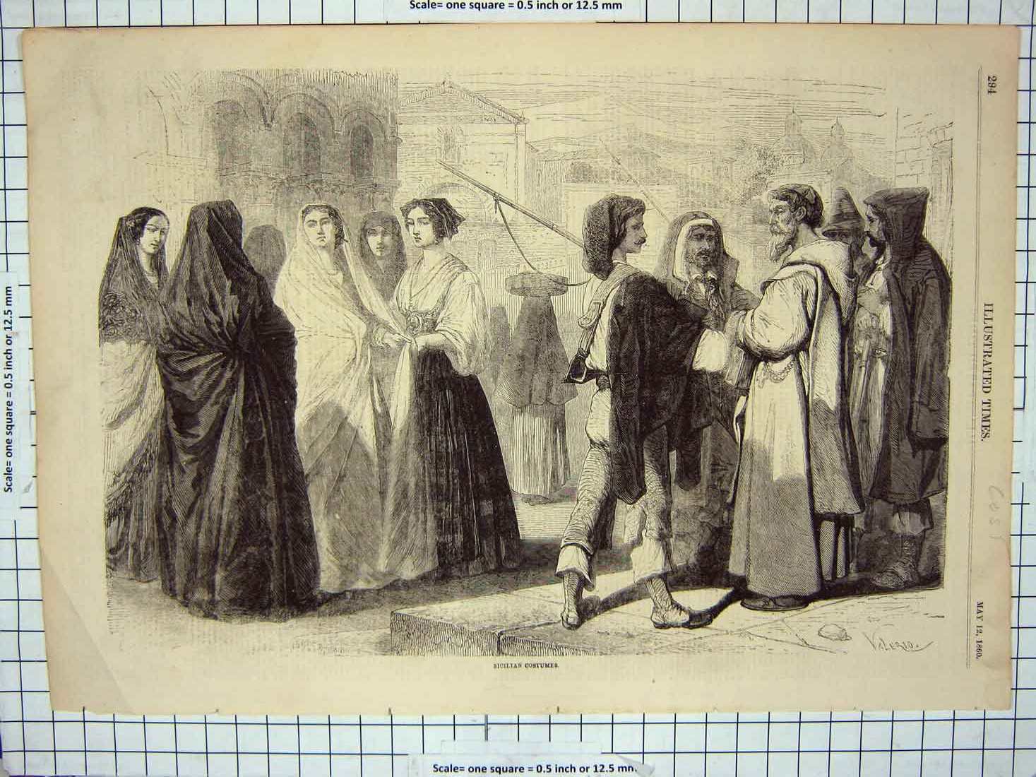 Original Old Antique Print 1860 Sicilian Costumes Dresses Uniforms Street Scene