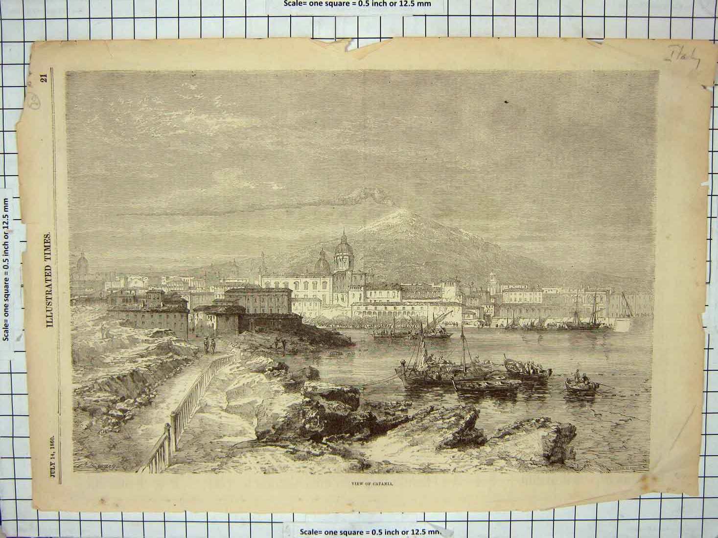 Original Old Antique Print 1860 View Cantania Architecture Ships Boats Italy
