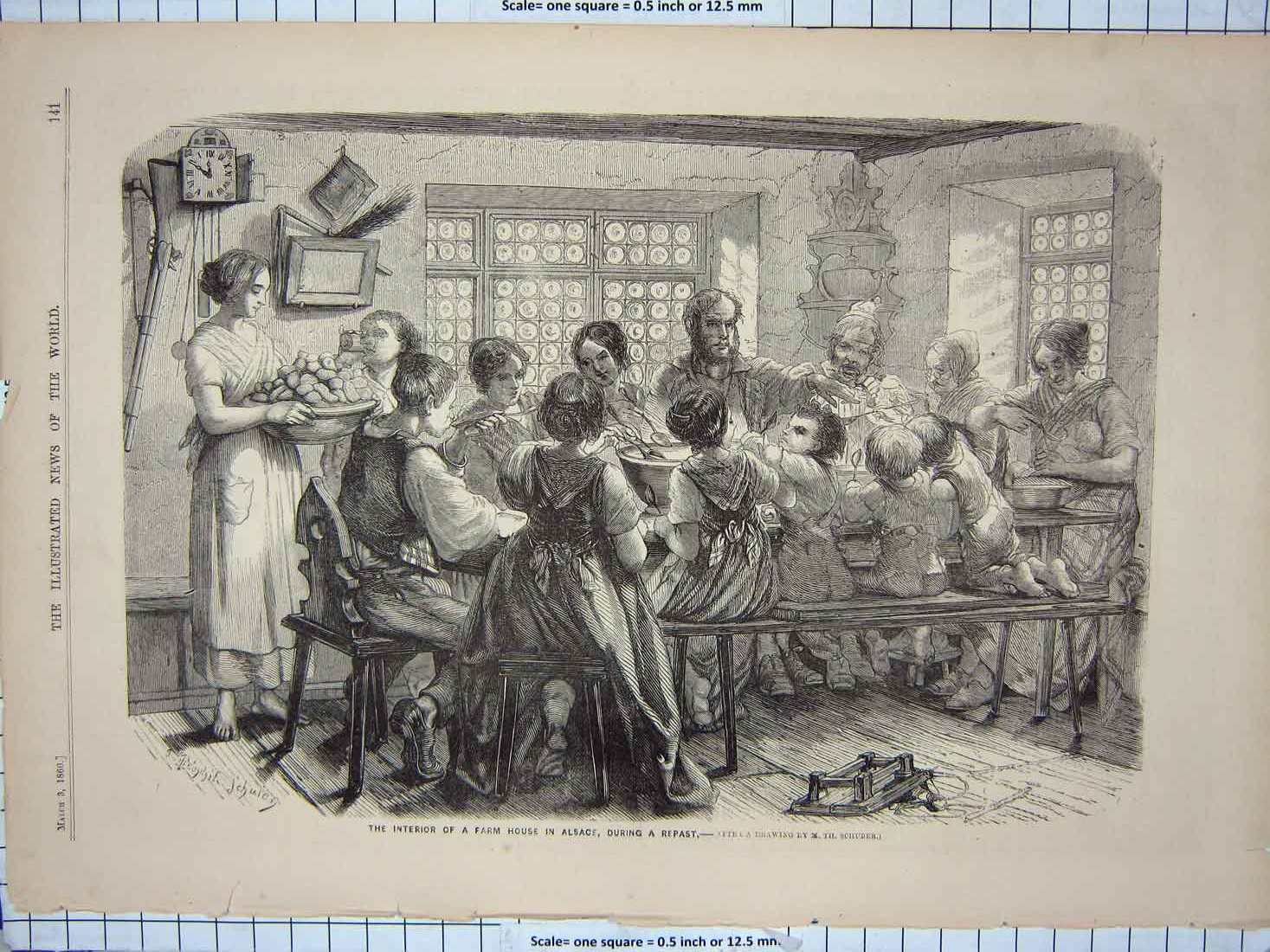 Original Old Antique Print 1860 Interior Farm House Alsace Repast Dinner Time