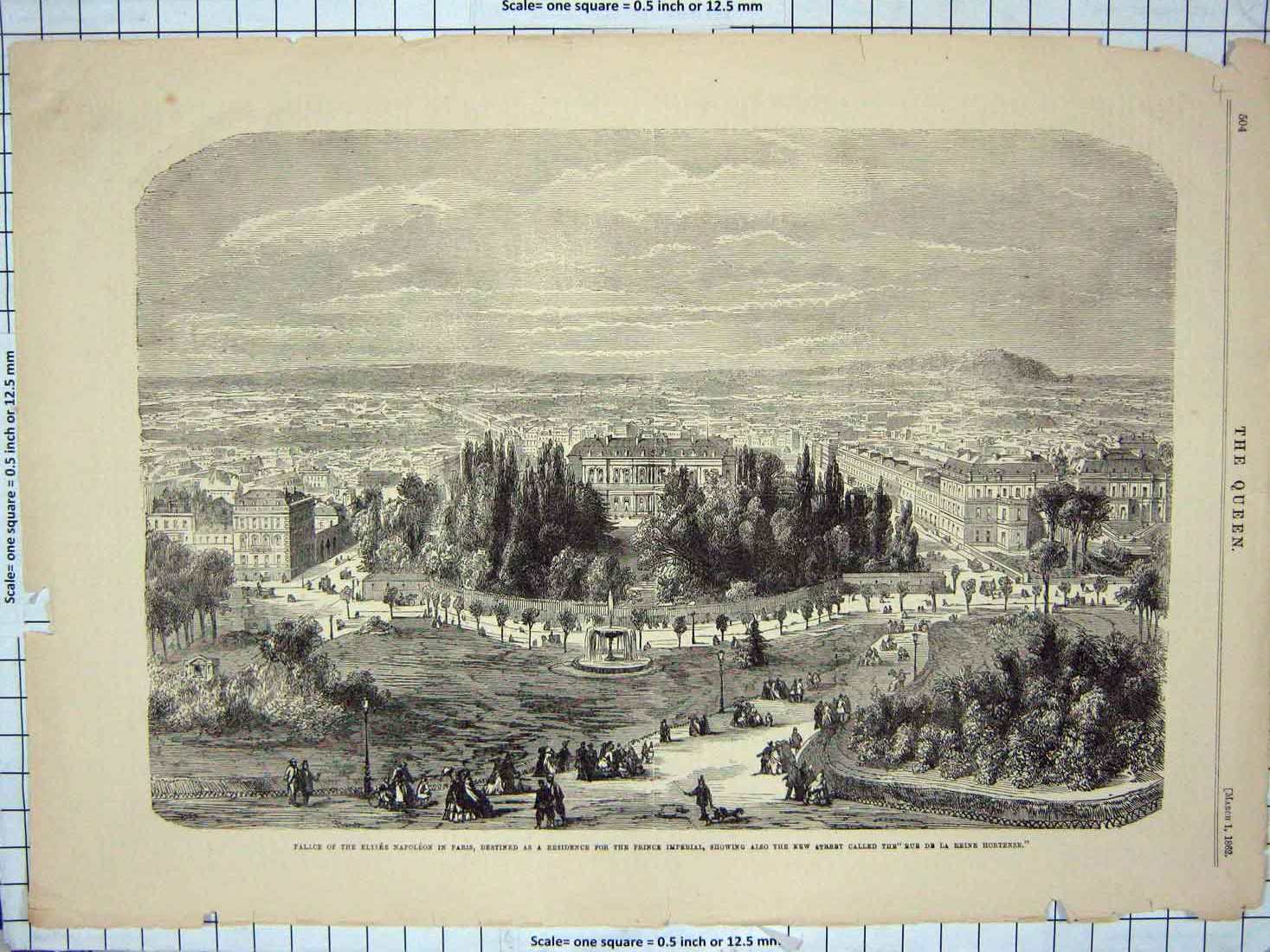 Old Antique Print 1862 Palace Elysee Napoleon Paris Rue De Reine Hortense 19th
