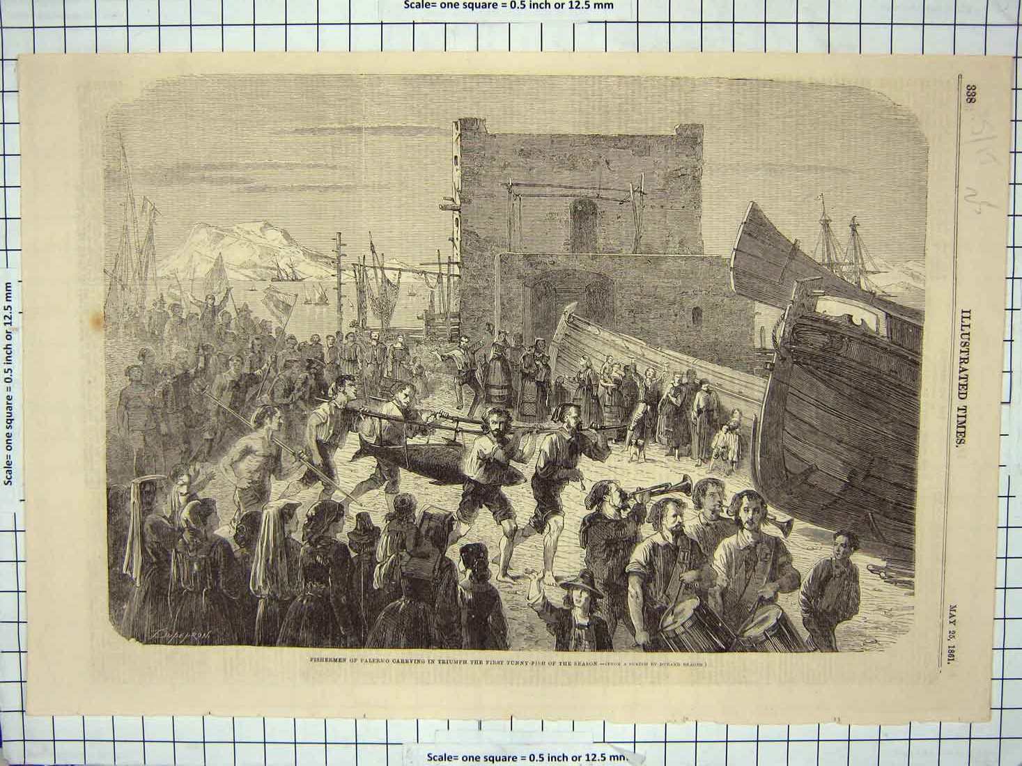 Original Old Antique Print 1861 Fishermen Palermo Tunny Fish Boats Ships 19th