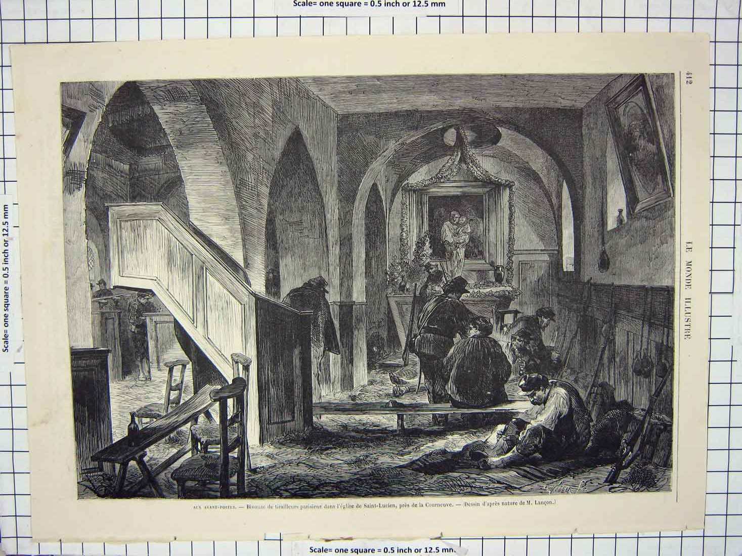 Old Antique Print French Scene Aux Avant-Postes Bivouac Trailleurs Army