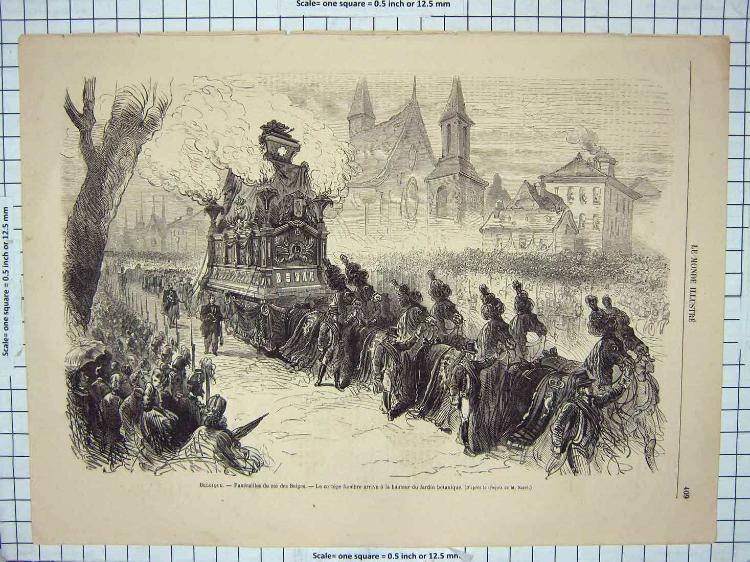 Original Old Antique Print Belgium Street Procession Cortege Funebre Horses